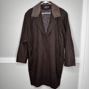 Vintage Jofeld Wool Overcoat Womens Large Brown Leather Trim Vtg Made in USA